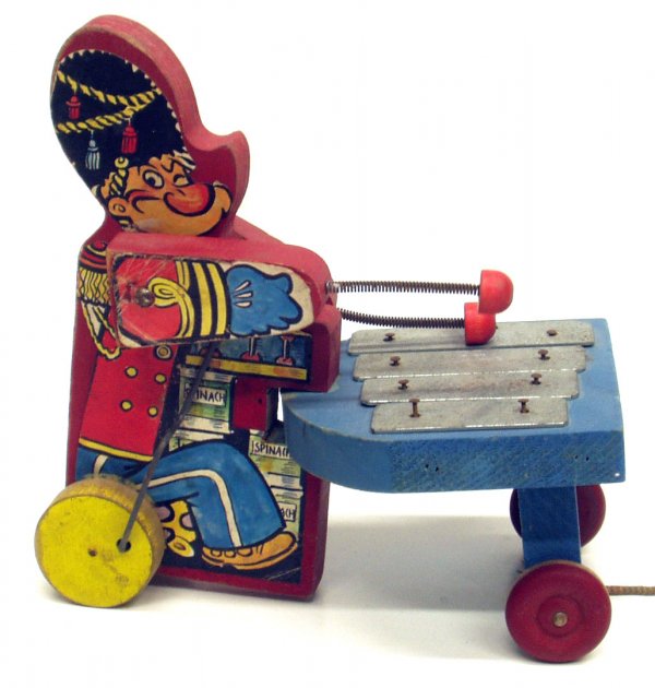 FISHER PRICE POPEYE: FISHER PRICE POPEYE - Popeye wooden pull toy, playing the xylophone; replaced arms; H-8 1/2", G