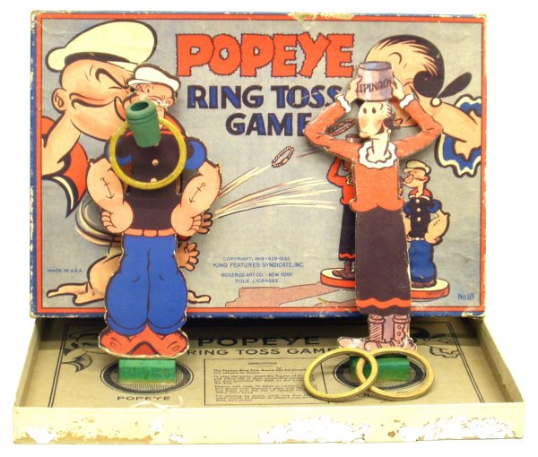 POPEYE RING-TOSS GAME: POPEYE RING-TOSS GAME - Original box, 1930's; includes cardboard Popeye and Olive Oyl and (3) rings, wooden pipe; some wear; L-16", F-G