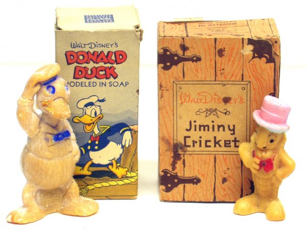 (2) DISNEY FIGURAL SOAPS: (2) DISNEY FIGURAL SOAPS - Walt Disney's Donal Duck molded in soap with original box, Lightfoot Schultz Co.; Walt Disney's Jiminy Cricket molded in soap with original box, Light Foot Schultz Co.; both