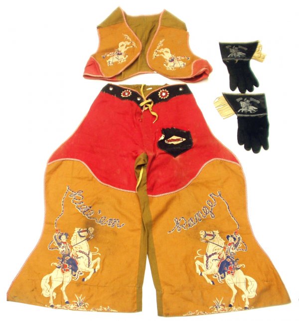 (3) LONE RANGER & COWBOY CLOTHES: (3) LONE RANGER & COWBOY CLOTHES - (1) Lone Ranger 3-piece outfit: chaps, shirt and vest, some wear, G; (1) pair Red Ryder gloves G-VG; (1) Lasso-em Bill chaps and vest G-VG