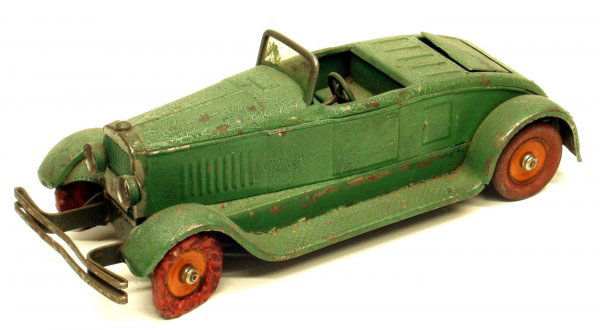 KINGSBURY 343 ROADSTER: KINGSBURY 343 ROADSTER - Painted pressed steel; mechanical; not working; old green alligatored over paint; wheels fatigued; rumble seat opens; L-13 1/2", P-F