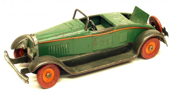 KINGSBURY 343 ROADSTER: KINGSBURY 343 ROADSTER - Painted pressed steel; mechanical; not working; original paint; tires overpainted; some chips and loss; rumble seat replaced; L-14", F-G