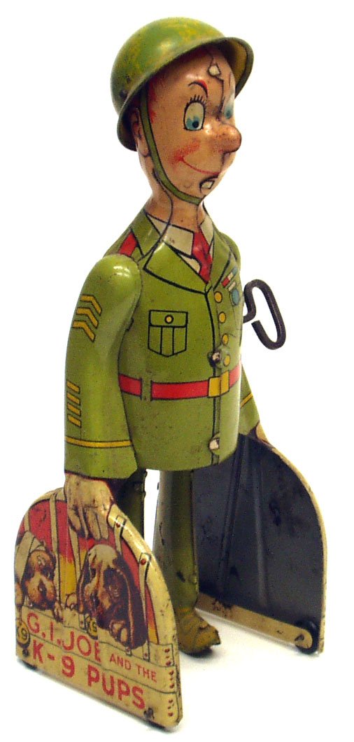 UNIQUE ART G.I. JOE & PUPS: UNIQUE ART G.I. JOE & PUPS - Litho tin, mechanical, working; normal scratches and wear; H-9", G-VG