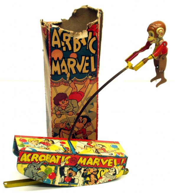 MARX ACROBATIC MARVEL MONKEY: MARX ACROBATIC MARVEL MONKEY - Litho tin; mechanical; working; original box is torn and missing pieces, box is P-F; toy has minor wear and scratches; H-13", VG
