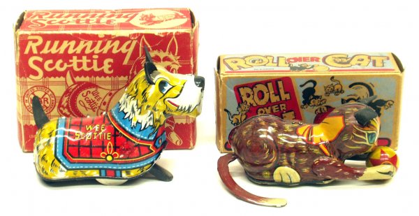 MARX SCOTTIE DOG & CAT TOY: MARX SCOTTIE DOG & CAT TOY - Litho tin, mechanical, working; (1) roll-over cat, original box slight rough but VG, toy has normal scratches, VG; (1) running scottie, original box has minor losses, box 