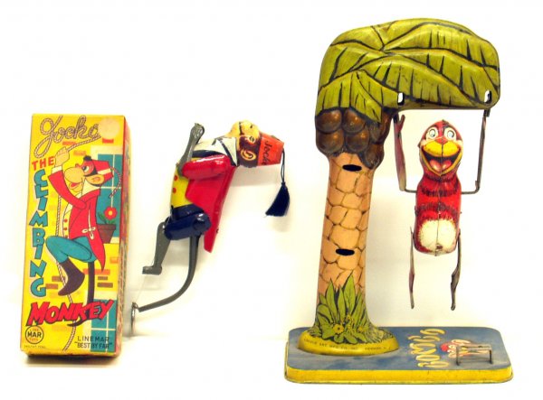 (2) TIN LITHO MONKEY TOYS: (2) TIN LITHO MONKEY TOYS - (1) Linemar Jocko Climbing Monkey: original box, string activated, working, VG-EX; (1) Unique Art Bombo: mechanical working, moderate wear, G; H-6 1/2"