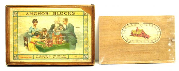 ANCHOR & GERMAN BUILDING BLOCKS: ANCHOR & GERMAN BUILDING BLOCKS - (2) sets; (1) Anchor #8 with design book, wood box with litho label; (1) Zwerg-Ziegel Set: wood box; some powdering; some pieces may or may not be missing out of both
