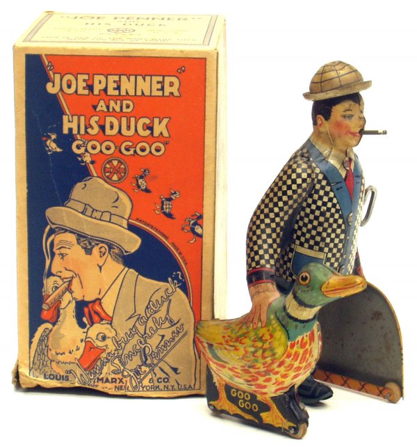 MARX JOE PENNER TIN TOY: MARX JOE PENNER TIN TOY - Litho tin; mechanical; working; original box missing part of bottom flap, box is G-VG; slightly soiled but should clean, H-8", G-VG