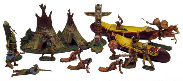 ELASTOLIN COWBOYS & INDIANS: ELASTOLIN COWBOYS & INDIANS - Painted composition; partial set 17+ pieces; totem has fatigue cracks; some minor chips and losses and fatigue cracks to most; L-3"-9", G