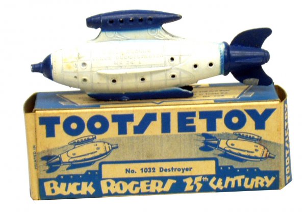TOOTSIETOY BUCK ROGERS ROCKETSHIP: TOOTSIETOY BUCK ROGERS ROCKETSHIP - No. 1032, Venus Duo-Destroyer; painted diecast metal; USA; copyright 1937; original box cardboard litho; minor spotting and flakes; minor creasing to box; L-5", EX