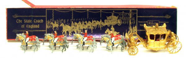 BRITAINS STATE COACH OF ENGLAND: BRITAINS STATE COACH OF ENGLAND - #1470; Painted pot metal; original box top label VG but apron torn with some losses, box is F-G; figures have minor paint chips, Box L-22", EX-NM