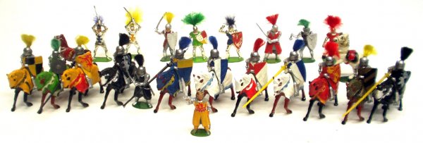 TIMPO KNIGHTS ROUND TABLE: TIMPO KNIGHTS ROUND TABLE - Painted pot metal; flyer reads "Timpo Models from MGM Film 'Knights of the Round Table'"; (11) mounted knights, (10) standing knights, (2) horses with no knight; some wear 