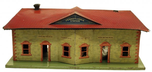 BING PENNSYLVANIA TRAIN STATION: BING PENNSYLVANIA TRAIN STATION - Litho tin; missing (1) chimney; some minor chips, dings, etc.; L-20", G-VG