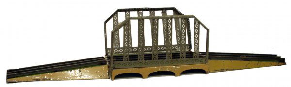 DORFAN TRESTLE BRIDGE: DORFAN TRESTLE BRIDGE - Painted pressed steel; (1) side of bridge re-soldered and not attached, wear and chips; L-42", G