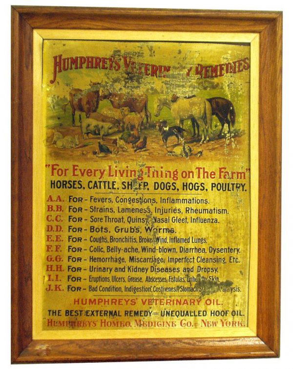 FRAMED HUMPHREYS TIN LITHO PANEL: FRAMED HUMPHREYS TIN LITHO PANEL - "Humphrey's Veterinary Remedies" with images of farm animals; taken from veterinary cabinet; lifting flaking and litho losses; frame: 27" x 20 3/4", F