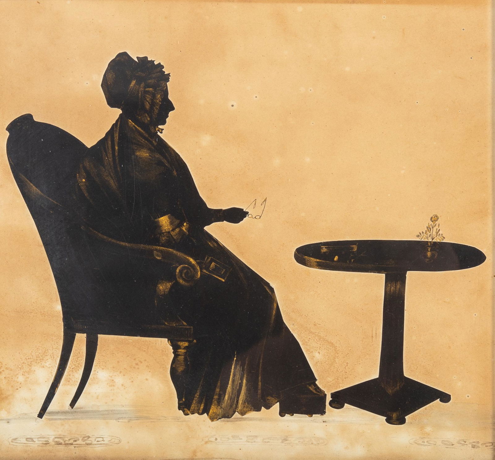 ANTIQUE WATERCOLOR SILHOUETTE- LADY HOLDING GLASSES & (1 of 4)