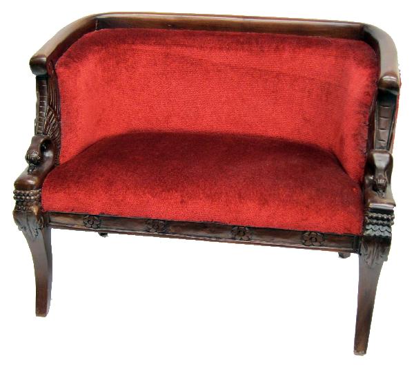 DOLL SETTEE: Contemporary carved mahogany with swan arms, upholstered; L-22", VG-EX