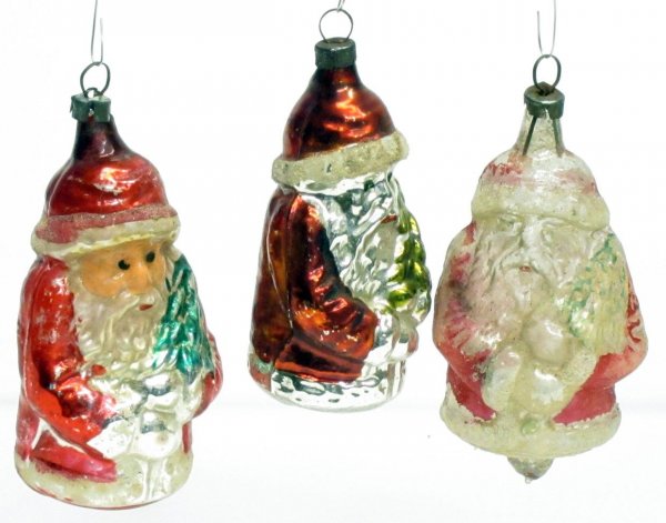 (3) GLASS CHRISTMAS ORNAMENTS: Santas, vintage; paint loss to one, rim chipped on two; H-3", F-G