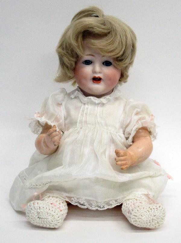 ALT, BECK & GOTTSCHALCK BISQUE BABY: Composition body, glass eyes; fine hairline around mouth; minor body and fingertip wear; H-12", G