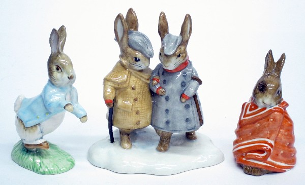 (3) BEATRIX POTTERY RABBIT FIGURES: Royal Albert "Peter Rabbit", John Bestwick "2 Gentleman Rabbits", Bestwick "Poorly Peter Rabbit"; H-4"-5", EX