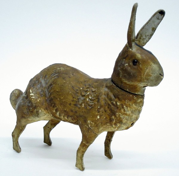 LARGE RABBIT CANDY CONTAINER: Papier mache, wooden legs and feet; repaired leg; H-10", F-G
