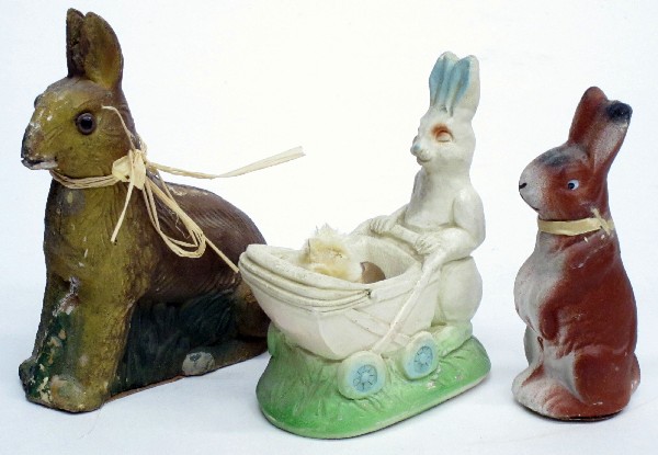 (2) EASTER RABBITS: (1) Papier Mache (2) composition; some chips and wear; L-4", G
