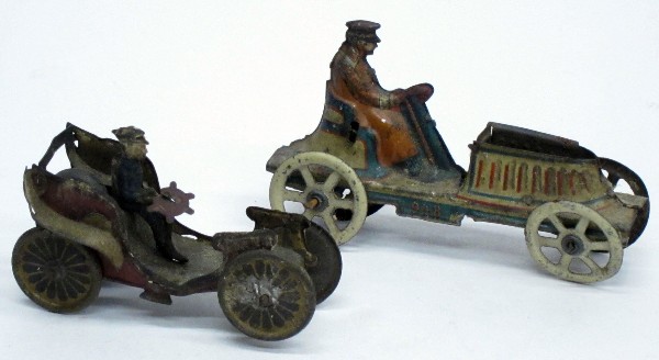 (2) AUTOMOTIVE TIN PENNY TOYS: Litho tin, (1) friction; (1) missing fly wheel; spotting, soiling, etc.; L-3 1/2", P