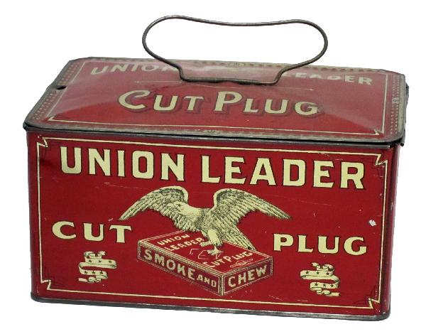 UNION LEADER TOBACCO TIN LUNCHBOX: Lunchbox with bail handle, tin litho; several holes in side and top; some flaking; minor scratches and scuffs; L-8"