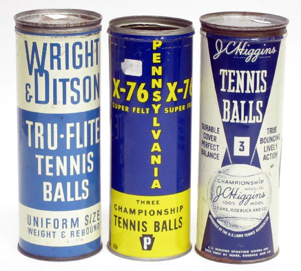 (3) EARLY TENNIS BALL CANS: Painted tin litho, (2) with tops; Wright & Ditson "Tru-Flite", Pennsylvania, J. C. Higgins Sears, Roebuck & Co. with ball inside; overall minor scrapes and scratches; small dent on bottom of Wright & 
