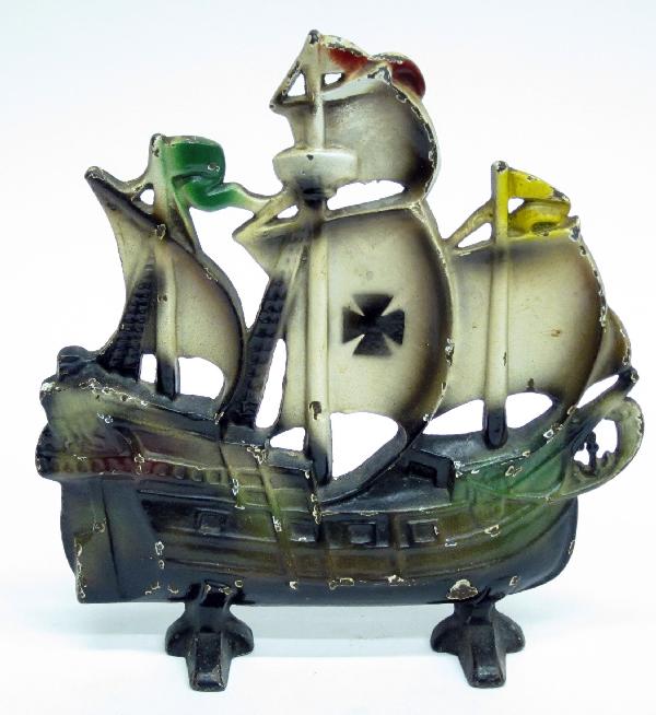 GALLEON DOORSTOP: Painted cast iron; original paint; some chips; H-11", VG-EX