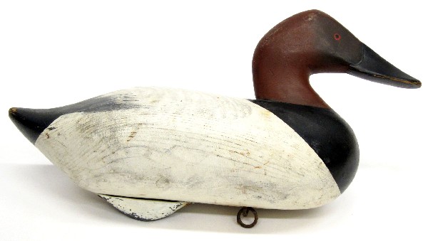 MITCHELL CANVAS-BACK DECOY: Painted wood; signed RMM 1958; crack in neck; L-15", F-G