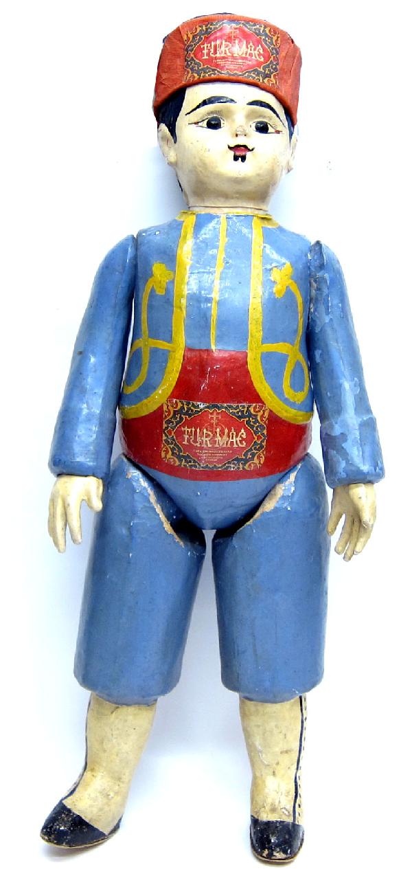 TURMAC TOBACCO DISPLAY FIGURE: Painted papier mache, jointed figure, (2) labels "Turkish Macedonian Tobacco Co.", normal wear and paint chips; H-35", G-VG
