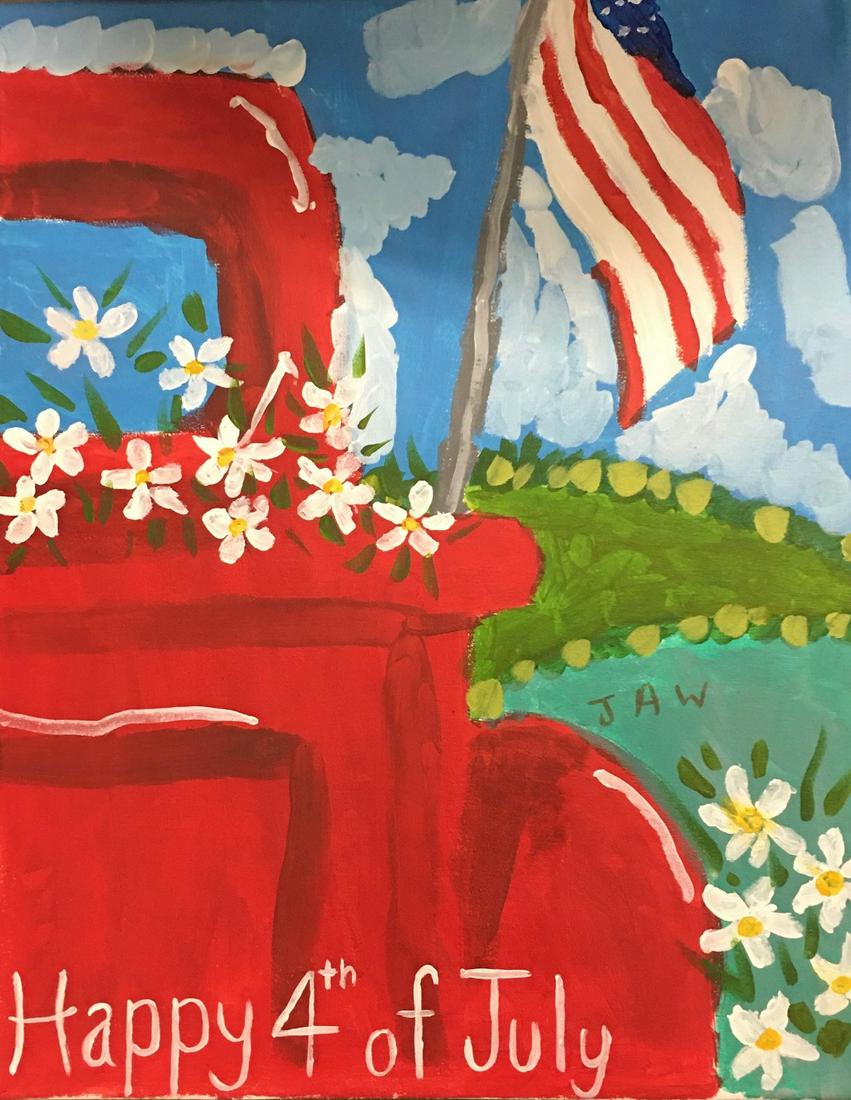 STUDIO ARTS PAINTING by EMPLOYEE JOHN W: Acrylic on canvas; title: "Happy 4th of July" by local artist John Anthony Wroblewski, unframed; 20" x 16", VG-EX