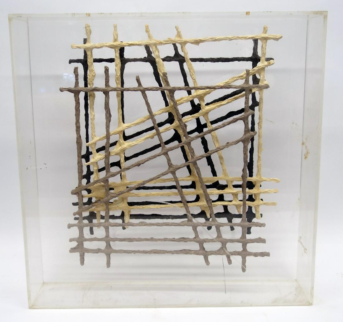 CONTEMPORARY FLOATING SCULPTURE: Painted composition open work panels floating in lucite box; lucite scratched; 20" x 20"; G-G+