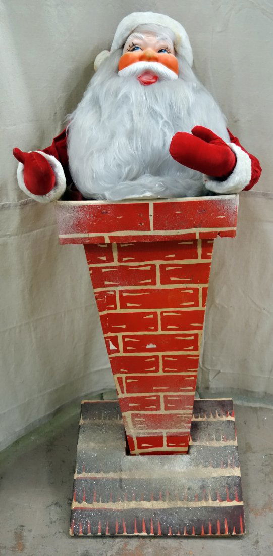 SANTA CLAUS VINTAGE BUST: Velvet, wire arms, plastic face, with cardboard chimney; H- 15"; G-VG