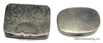 (2) STERLING PILL BOXES: Both hinged; (1) rectangular, English with engraved top; (1) oval, plain; L-1 1/4", G-VG