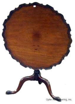 ANTIQUE TILT-TOP TABLE: English mahogany; pie-crust top; carved pedestal and knees; H-28", Dia.-34", G-VG