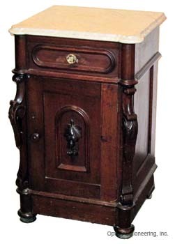 VICTORIAN MARBLE TOP NIGHTSTAND: Walnut, shaped corner marble top, paneled sides; slight door damage; missing carved pull; H-30", W-18", G