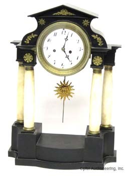 FRENCH EMPIRE MANTLE CLOCK: Ebonized wood, marble columns, bronze ormolu, has strike, untested; re-cast pendulum, slight chips on porcelain face; H-16", G
