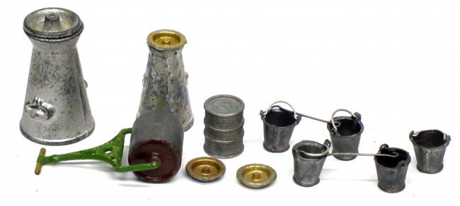 BRITAINS FARM & GARDEN PIECES: Includes (2) sizes milk churns, (5) milk pails, garden roller, barrel; painted metal; scratches on milk churns, G-VG