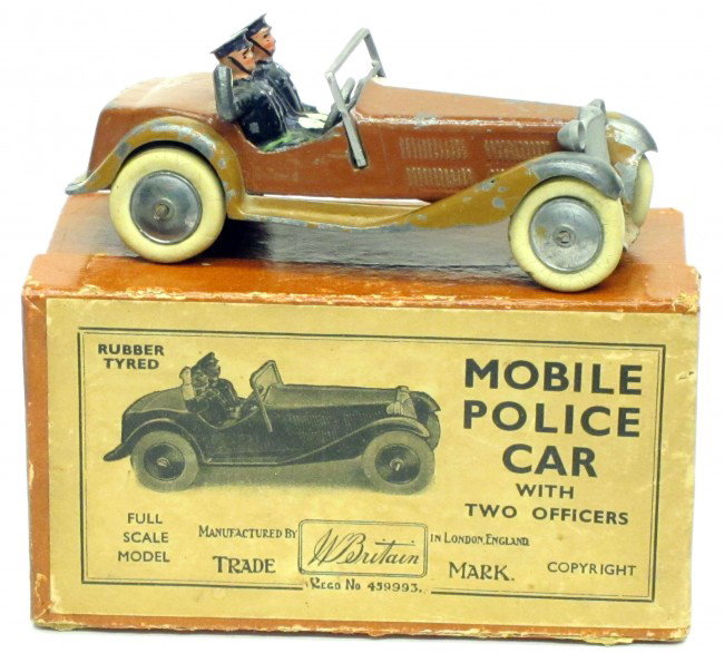 BRITAINS MOBILE POLICE CAR: with two officers, #1413; with original box; painted metal; box has worn edges; paint loss to car and officers, F-G