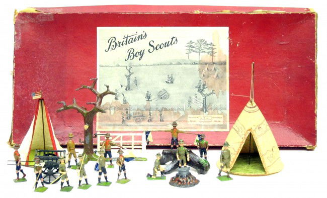 BRITAINS BOY SCOUTS #181: Partial set 35-40 pieces; painted metal; box has tears, water damage and worn edges; broken leg to one; paint loss to some; P-G