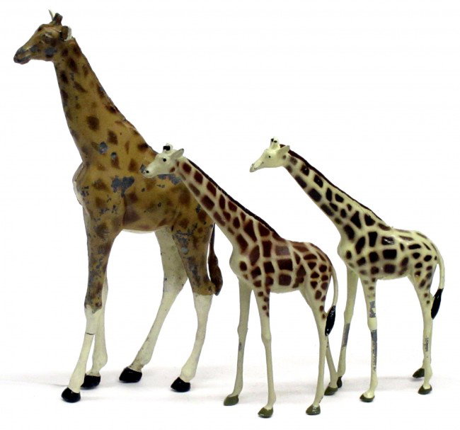 BRITAINS (3) GIRAFFES: Adult giraffe #912 and (2) young giraffes #961; painted metal; paint loss to all three, G-VG