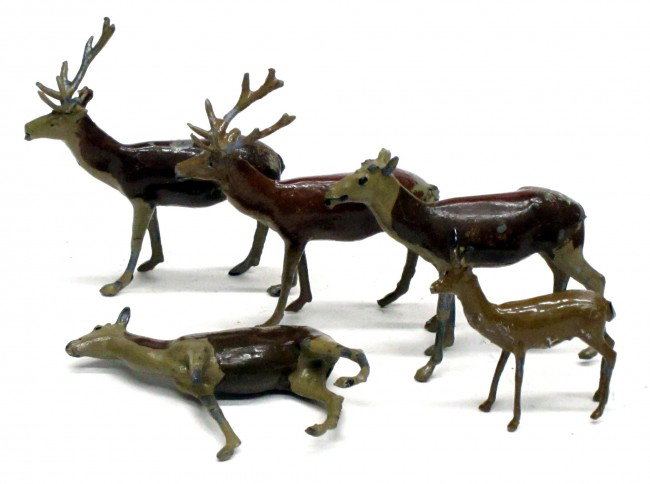 BRITAINS (5) DEER: (4) Adult, (1) young, painted metal; minor paint wear; antler to (1) is damaged, VG-EX
