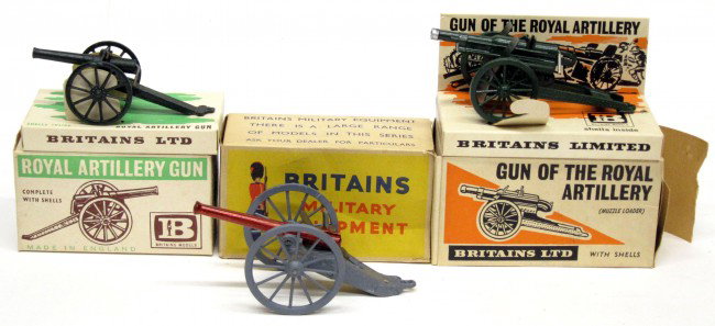 BRITAINS (3) GUN OF THE ROYAL ARTILLERY: (Muzzle loader) #9710 Confederate artillery #2058, Royal Artillery Gun #9700, all with original box; painted metal; #2058 and #9710 have torn box flaps, minor wear, VG-EX