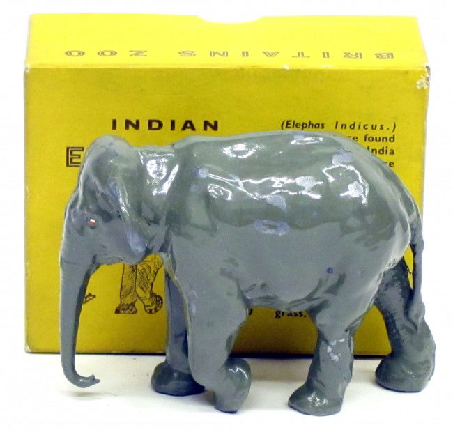 BRITAINS #901 INDIAN ELEPHANT: In original box, painted metal; box has worn corners, paint loss to sides and top, F-G