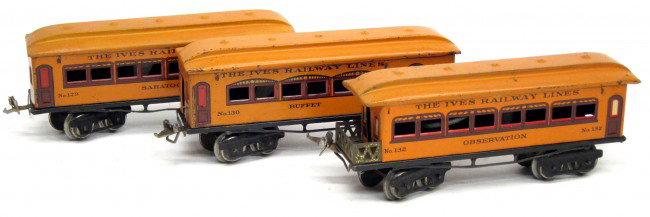 IVES (3) TRAIN CARS: #129 Saratoga, #130 buffet car, #132 observation car; paint nicks and scratches; minor rust, G-VG