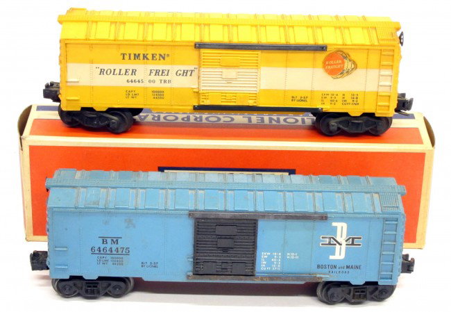 LIONEL (2) BOX CARS: Boxton and Maine box car #BM6464475; Timken "Roller Freight" box car #6464500TRB, minor rust and scratches on bottom and side, G-Vg