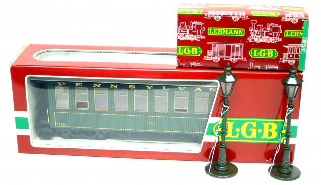 L.G.B. (3) G SCALE PCS.: Passenger car #3080E01; (2) street lamps #5050; G scale all in original boxes; VG-EX