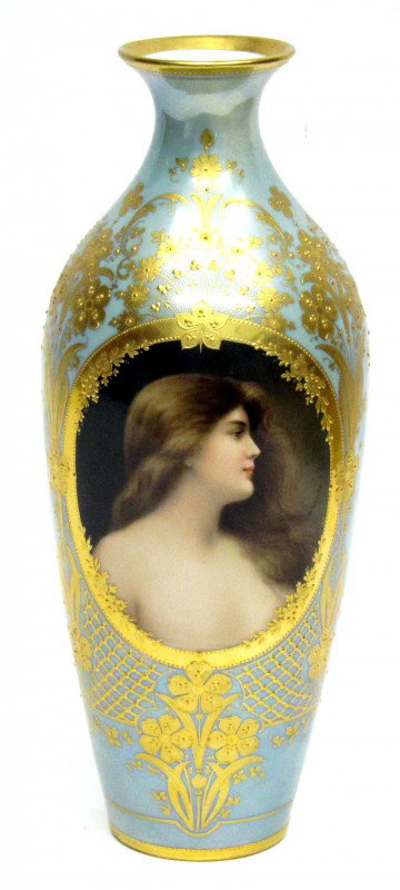 ROYAL VIENNA PORTRAIT VASE: Painted porcelain, signed Wagner "Odaliske", H-11", VG-EX